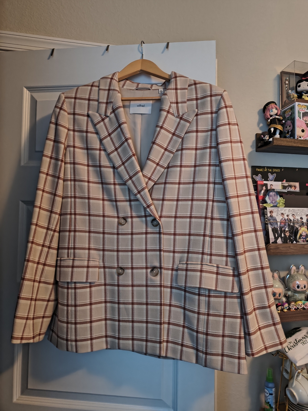 Wilfred Plaid Double-Breasted Blazer in Cream & Brown